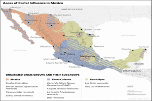 Eine Karte von Mexiko mit verschiedenen Farben, die Gebiete der Kartellherrschaft hervorheben, begleitet von Text mit weiteren Informationen.
