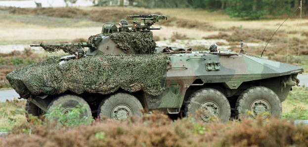 Militärpersonenwagen mit montierter großer Kanone, der auf einer Straße neben einem Wald fährt, Pflanzen unten und Bäume im Hintergrund.