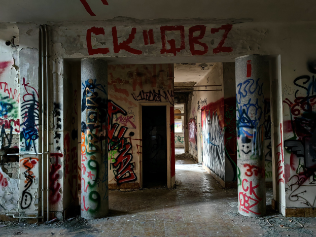 Verlassenes Gebäude mit Graffiti-versehrten Wänden, sichtbarer Boden, freiliegende Rohre und eine Tür im Hintergrund, die städtische Verwahrlosung verdeutlichend.