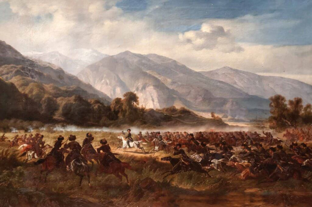 Gemälde mit dem Titel "Die Schlacht von San Juan de Gaztelugatxe", das eine Gruppe von Menschen zu Pferd in einer bergigen Landschaft mit Bäumen, Hügeln und einem bewölkten Himmel zeigt.