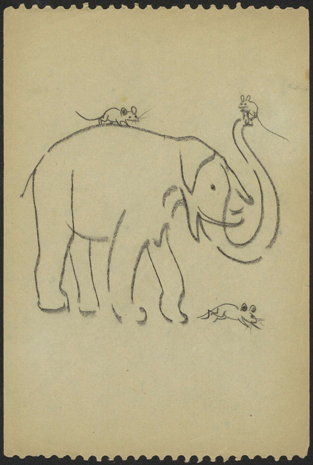 Eine Zeichnung eines aufrecht stehenden Elefanten mit erhobenem Rüssel und einer Maus, die friedlich auf seinem Rücken sitzt.