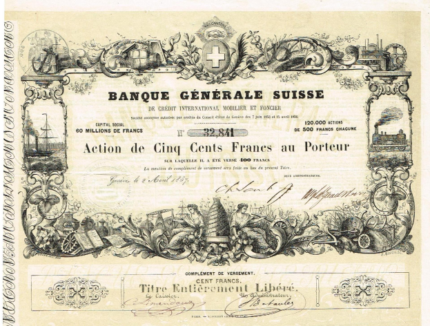 Alte Schweizer Banknote mit einem Mann in Anzug und Krawatte mit ernstem Gesichtsausdruck, Text 'Banque Generale Suisse', hellblauer Hintergrund und ein Wasserzeichen auf der linken Seite.