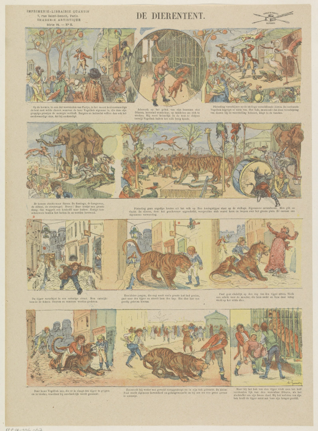 Eine Buchseite mit einer Zeichnung von Menschen und Tieren, darunter ein Tiger, sowie begleitendem Text.