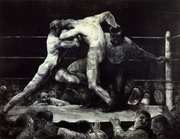Schwarze und weiße Zeichnung von zwei Boxern in einem Ring, die sich gegenseitig Faustschläge versetzen, während eine jubelnde Menge zusieht.