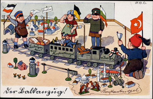 Eine Gruppe von Kindern, die mit einem Spielzeughahn auf einem Bahnsteig spielen, umgeben von Häusern und Bäumen, mit Text am unteren Bildrand.