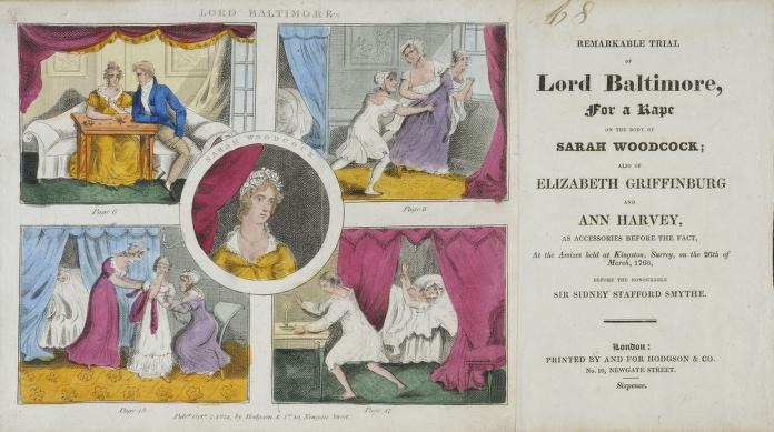 Illustration eines historischen Gerichtsakts mit Porträts, Vorhängen und Text, der sich auf einen Vergewaltigungsfall bezieht, an dem Sarah Woodcock und Elizabeth Griffinburg beteiligt waren.