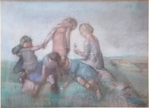 Malerei von Kindern, die auf einem Feld spielen, gerahmt, mit leuchtenden, fröhlichen Farben und ausdrucksstarken Gesichtern.