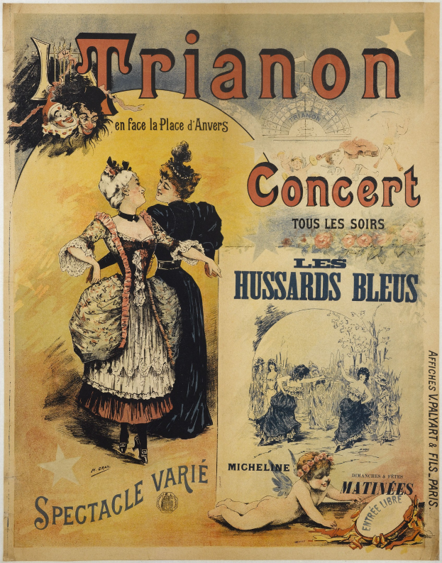 Ein Konzertplakat mit einer Frau in einem langen, hochgeschlossenen Kleid und einem Mann im Anzug, die beide ernst aussehen und eng beieinanderstehen.