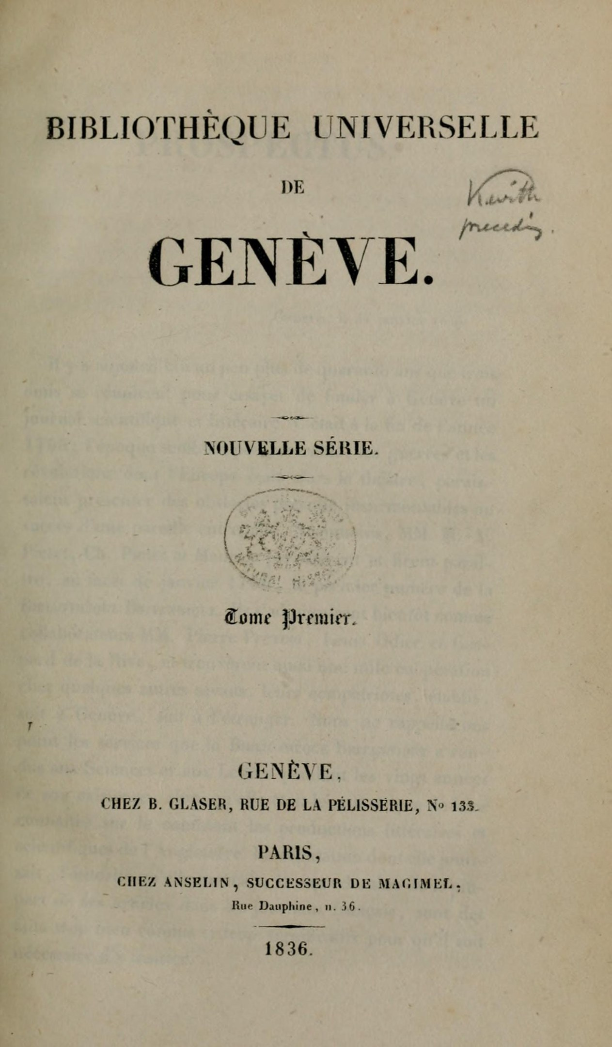 Altes Buch mit dem Titel "Bibliothèque Universitaire de Geneve" aufgeklappt