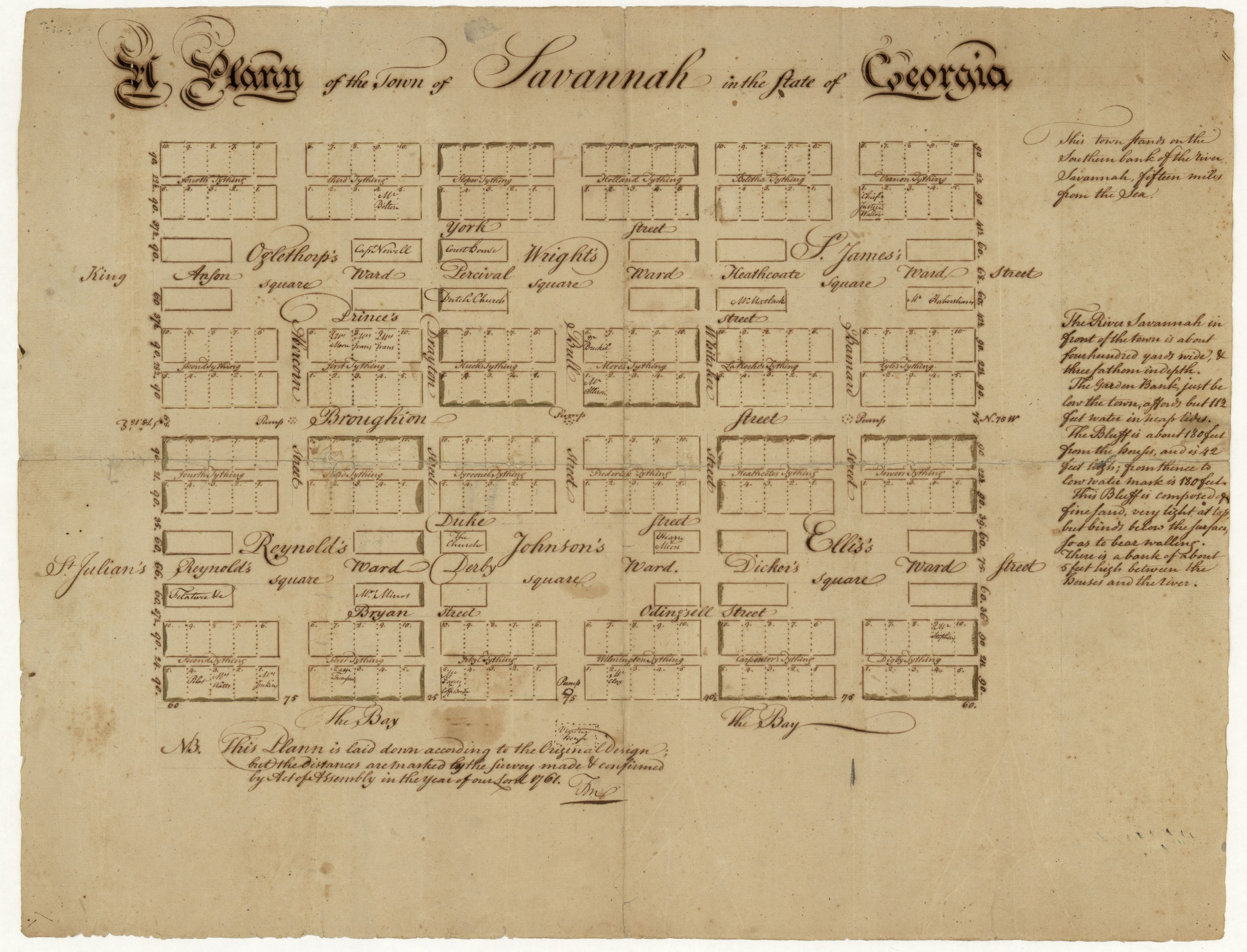 Schwarz-weiß-Karte von Savannah, Georgia auf altem Papier mit begleitendem Text.