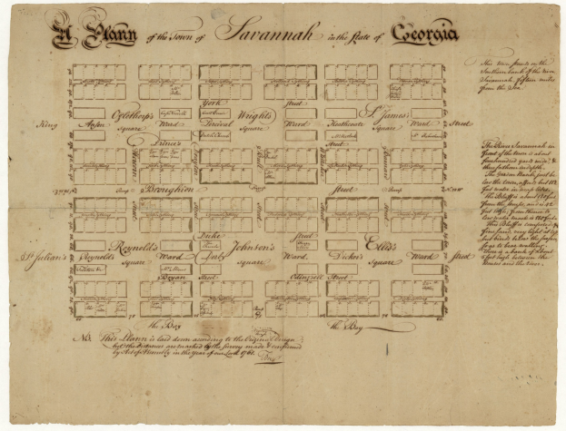 Schwarz-weiß-Karte von Savannah, Georgia auf altem Papier mit begleitendem Text.