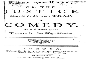 Schwarzer und weißer Plakatwerbung für eine Comedy-Show mit dem Titel "Vergewaltigung auf Vergewaltigung oder der Gerechtigkeit, der in seiner eigenen Falle gefangen ist" mit fetter schwarzer Schrift.