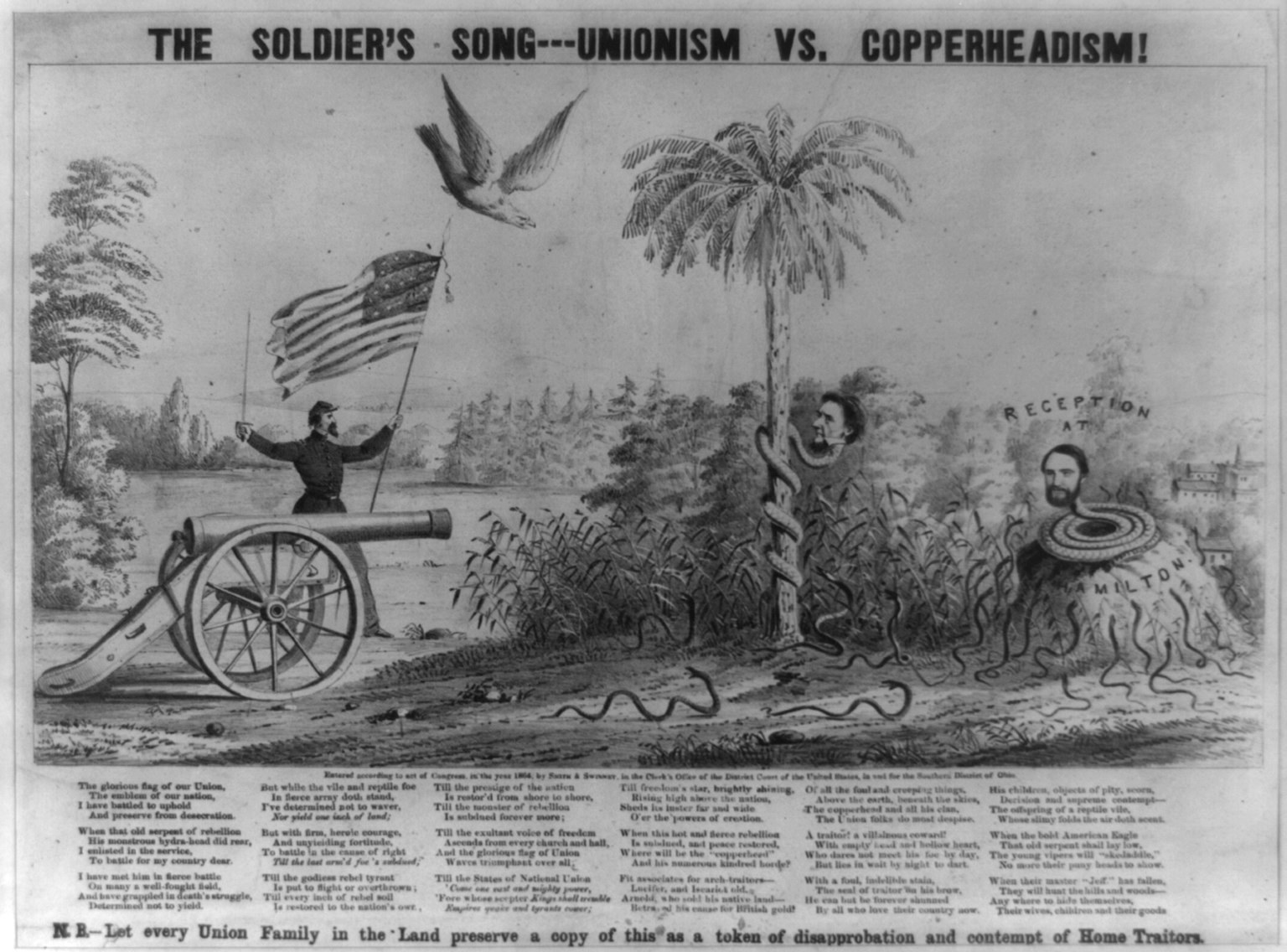 Plakat, das eine Person zeigt, die auf einer Kanone steht, eine Fahne hält, von Blattwerk umgeben ist und darunter eine Schlange zu sehen ist, mit der Aufschrift 'The Soldier's Song - Unionism vs Copperheadism.'