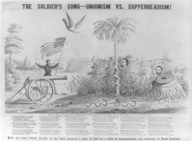 Plakat, das eine Person zeigt, die auf einer Kanone steht, eine Fahne hält, von Blattwerk umgeben ist und darunter eine Schlange zu sehen ist, mit der Aufschrift 'The Soldier's Song - Unionism vs Copperheadism.'