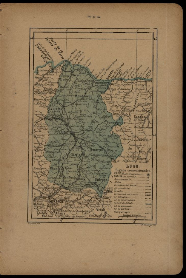 Altes Buch mit einer detaillierten Karte von Portugal, die Provinzen und Städte zeigt, begleitet von erklärendem Text.