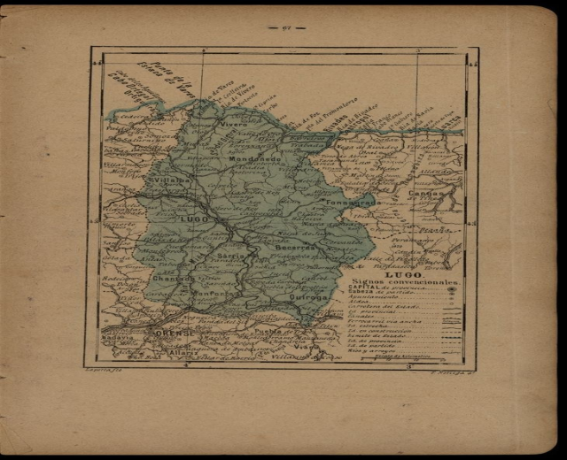 Altes Buch mit einer detaillierten Karte von Portugal, die Provinzen und Städte zeigt, begleitet von erklärendem Text.