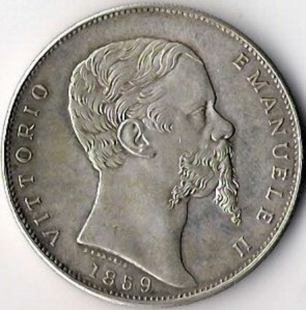 Silbermünze aus Italien, 1859, mit dem Bildnis eines bärtigen Mannes und der Inschrift "Vittorio Emanuele II" auf einem weißen Hintergrund.