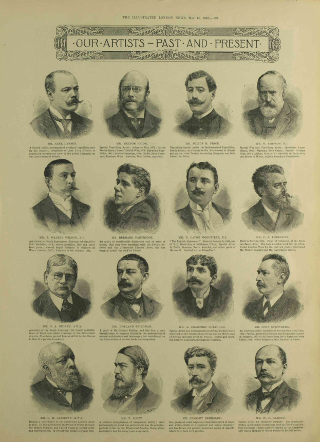 Eine Sammlung historischer und zeitgenössischer Porträts von Männern mit verschiedenen Gesichtsausdrücken, Hairstyles und Hintergründen, betitelt mit "Unsere Künstler - Vergangenheit und Gegenwart."
