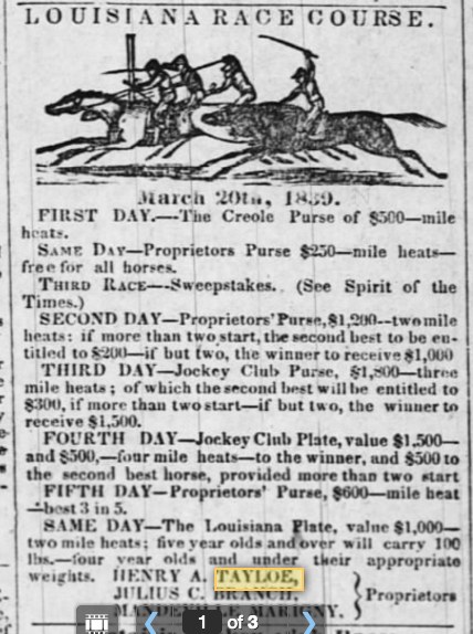 Zeitungsanzeige für die Louisiana Race Course mit einem zentralen Bild eines Pferdes und eines Jockeys, die den Text 'Louisiana Race Course' und einen Strichcode unten zeigen.