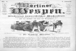 Eine alte deutsche Zeitung namens "Berliner Wespen" vom 21. Februar 1873, die ein Foto einer Gruppe von Menschen in traditioneller deutscher Kleidung zeigt, die sich unterhalten.
