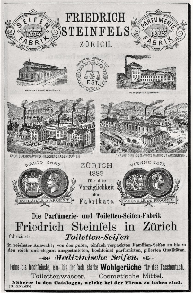 Eine alte Werbung für Friedrich Steinfels in Zürich, die Bilder von Gebäuden, Menschen und Text zeigt.
