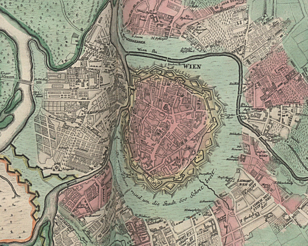 Alte detaillierte Karte von Wien, Deutschland, zeigt Straßen, Gebäude und Sehenswürdigkeiten.