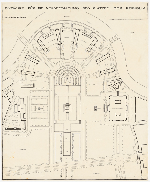 Ein detaillierter Stadtplan von Berlin, Deutschland, mit einer zentralen Illustration eines Gebäudes und begleitendem Text, der das Layout der Strukturen und die umliegende Gegend beschreibt.