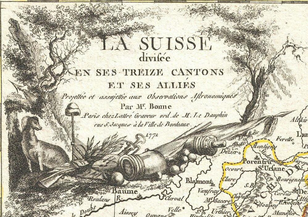 Ein Plakat mit einer Karte der Schweizer Landschaft mit Bäumen, Tieren und anderen Gegenständen sowie Text.