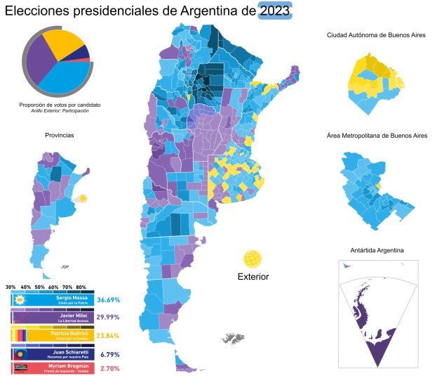 Ergebniskarte der argentinischen Wahlen 2023, farbig nach Region, mit begleitendem Text und Kreisdiagramm.