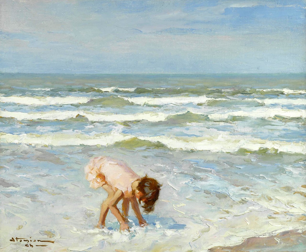 Gemälde einer jungen Mädchen in einem weißen Kleid mit einem Pferdeschwanz, das fröhlich in flachen Meereswellen unter einem strahlend blauen Himmel spielt.