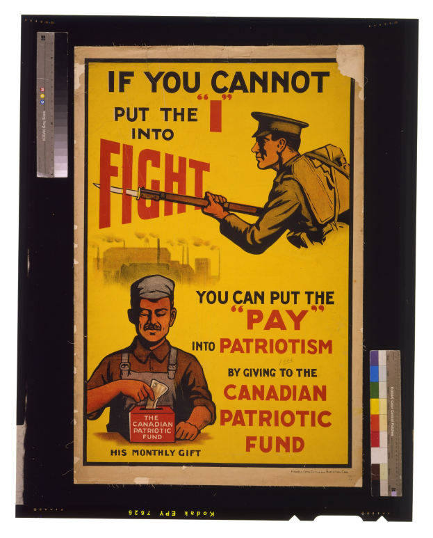 Plakat mit zwei Personen, eine hält eine Waffe, mit Text, der finanzielle Unterstützung für den kanadischen patriotischen Fonds anregt.