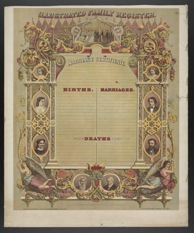 Illustrierter Familienstammbuch-Eintrag mit schwarzem Hintergrund, zeigt Bilder von Menschen und Text mit "Geburten, Hochzeiten, Tode".