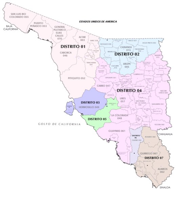 Eine Karte von Kalifornien mit in verschiedenen Farben hervorgehobenen Countys und der Beschriftung "Districts of California."