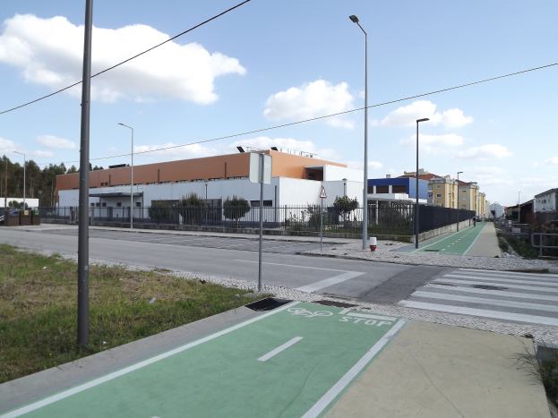 Eine Stadtstraße mit einer grünen Fahrradspur in der Mitte, gesäumt von Gras, Pfosten, Laternen, Schildern, Zaun, Pflanzen, Bäumen und Gebäuden unter einem bewölkten Himmel.