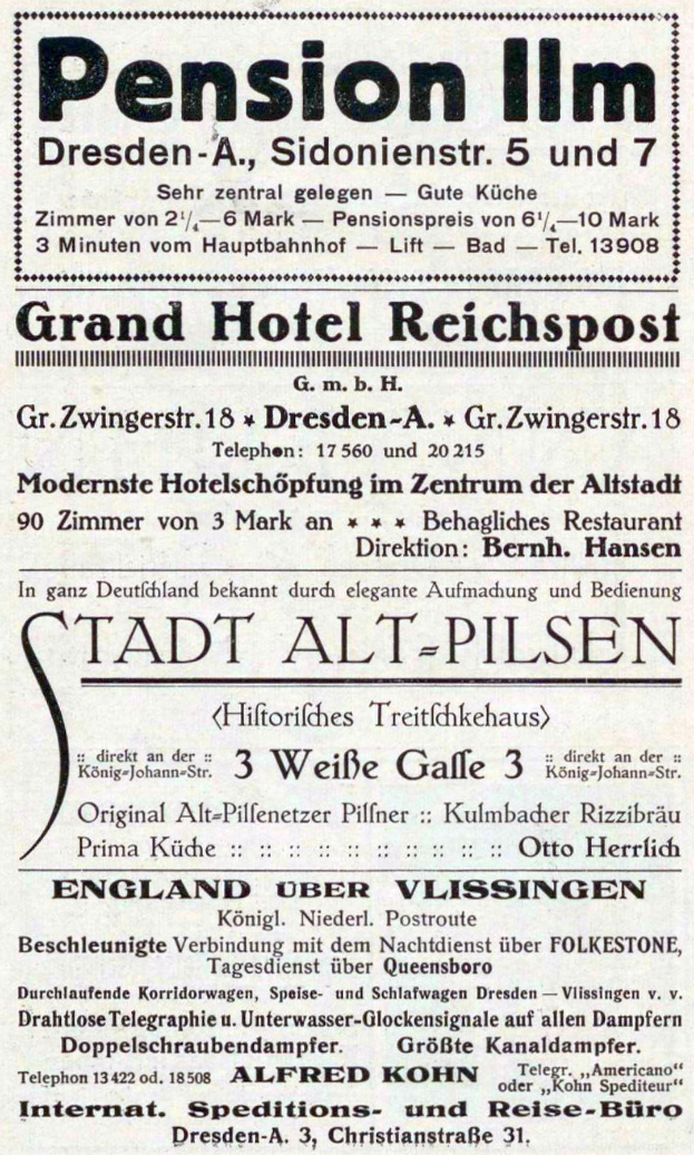 Schwarz-weiß-Anzeige für die Pensionsinn in Dresden, Deutschland, im Stil einer alten Zeitung abgedruckt.
