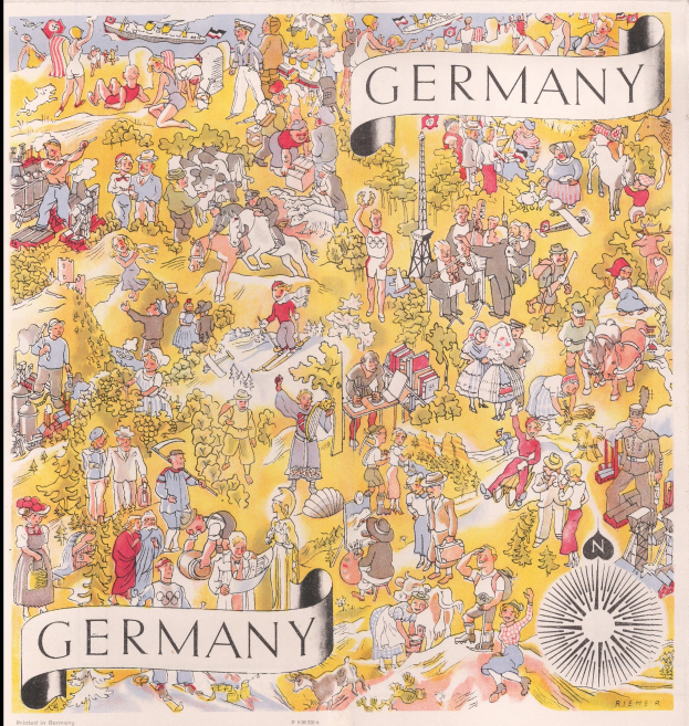 Plakat mit schwarzem Hintergrund, das eine Deutschlandkarte mit zahlreichen Menschen und Texten zeigt.