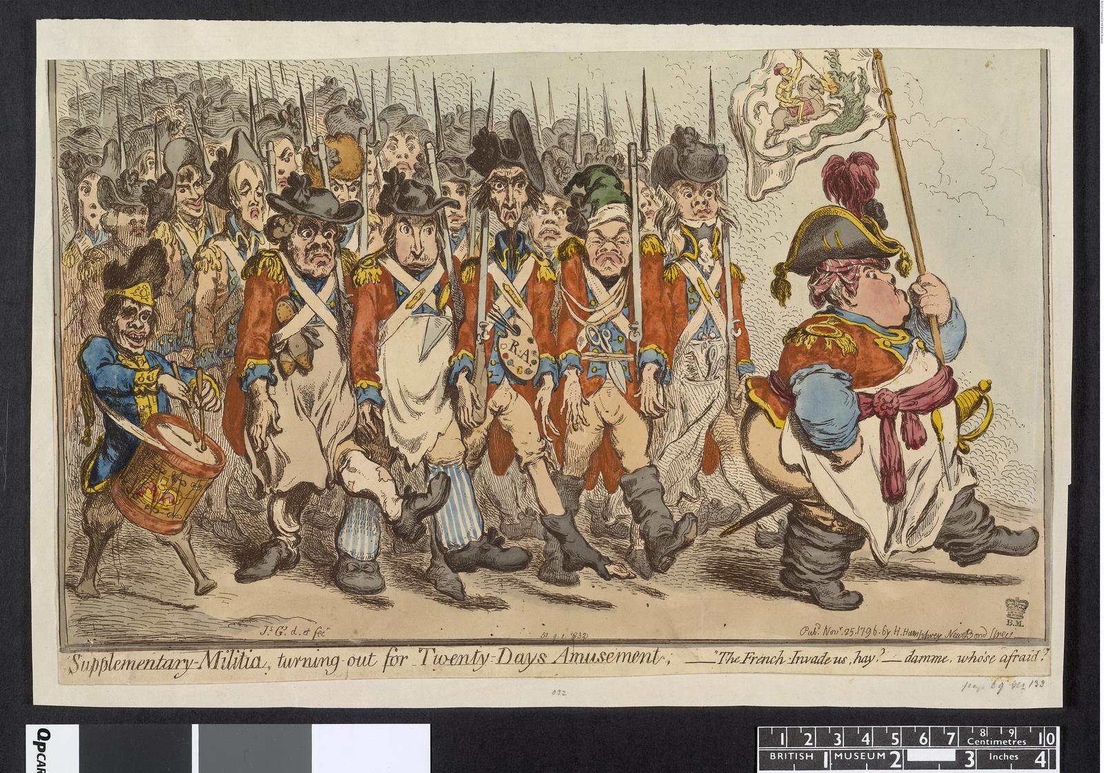 Gruppe von Männern in militärischer Uniform marschiert auf einer Straße, einer hält einen Stock in der Hand, mit Text unten: 'Ergänzender Militärdienst, Ausmarsch für zwanzig Tage Vergnügen'.