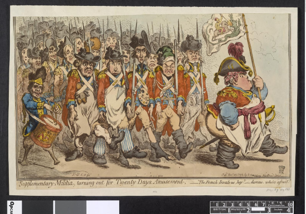 Gruppe von Männern in militärischer Uniform marschiert auf einer Straße, einer hält einen Stock in der Hand, mit Text unten: 'Ergänzender Militärdienst, Ausmarsch für zwanzig Tage Vergnügen'.