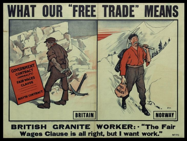 Plakat mit einem britischen Granit Arbeiter vor einem Berg- und Baumhintergrund und dem Text, dass der Arbeiter faire Löhne unterstützt, aber Arbeit benötigt.
