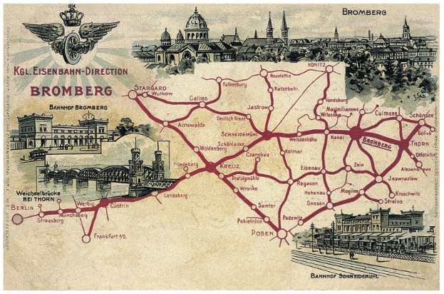 Detaillierte Stadtplan-Karte von Bromberg, Deutschland, zeigt Straßen, Gebäude, Bäume, eine Brücke und Sehenswürdigkeiten mit begleitendem Text über die Geschichte, Kultur und Attraktionen der Stadt.