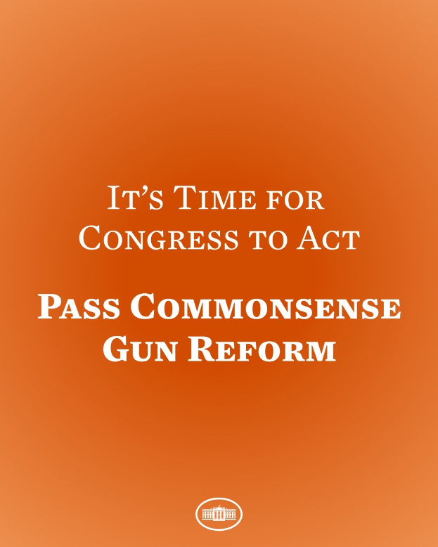 Plakat mit fettem schwarzem Text, der 'Es ist Zeit für den Kongress, handeln zu lassen Commonsense-Gun-Reform' auf einem orangen Hintergrund liest.