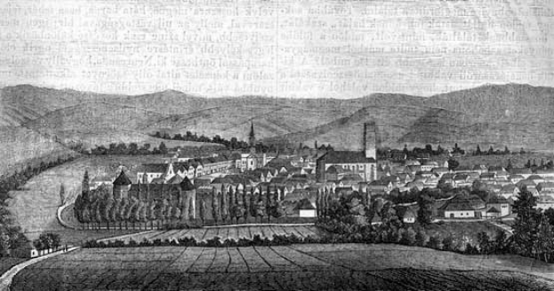 Schwarz-weiß-Zeichnung einer kleinen Stadt in einem Tal umgeben von Bäumen und Hügeln, mit dem Text "Bayern, Deutschland, 1857" oben.