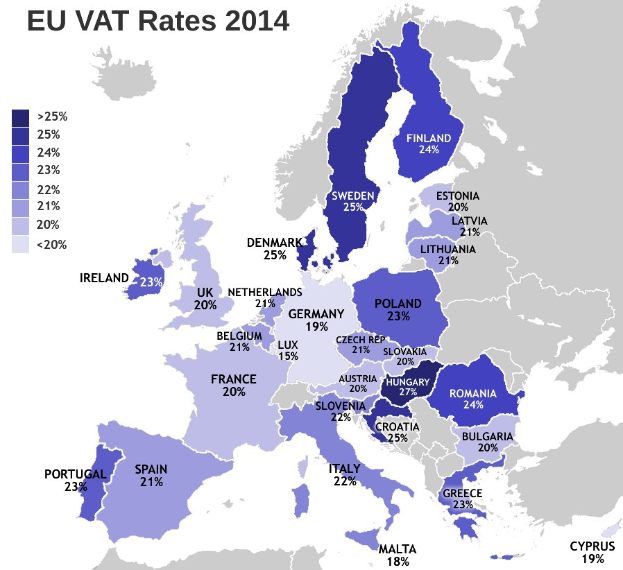 Eine Karte von Europa, die die EU-VAT-Sätze für 2014 mit Prozentangaben und Textanzeigen zeigt.