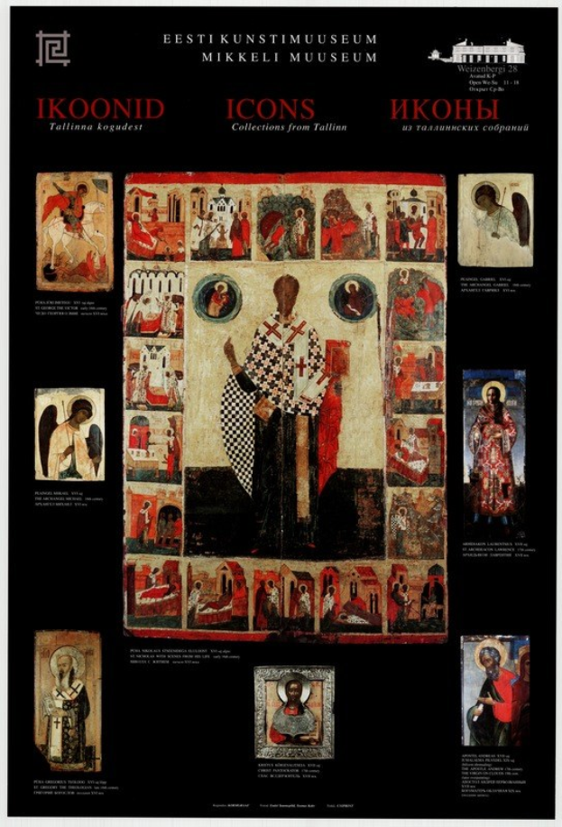 Ein Schwarzgrund-Plakat, das eine Collage von Ikonen der Russischen Orthodoxen Kirche zeigt, jeweils mit begleitendem Text.