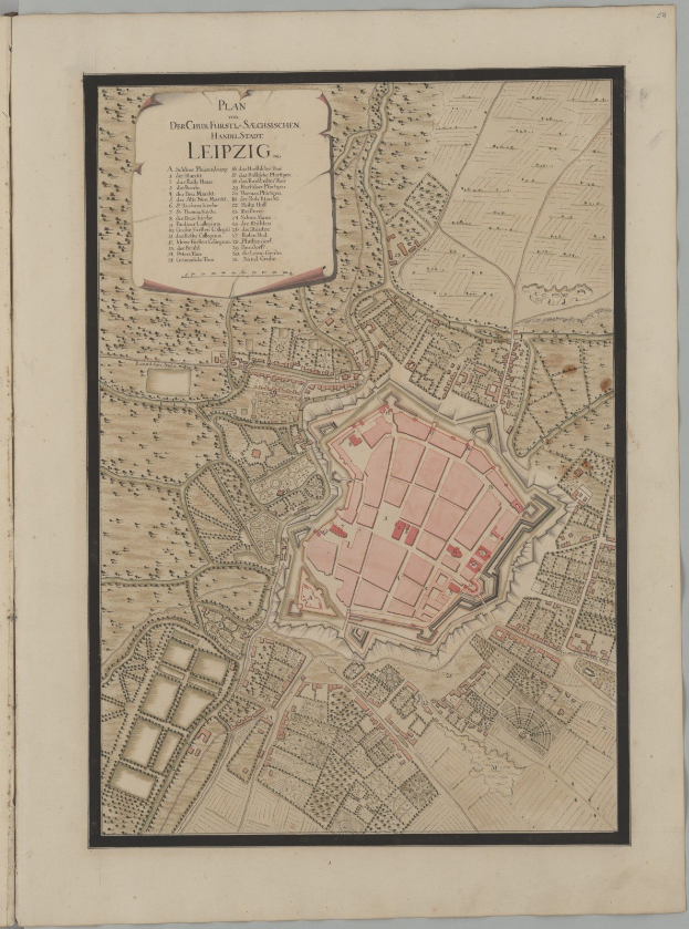 Eine detaillierte alte Buchseite mit einer Karte von Leipzig, Deutschland, mit sichtbaren Straßen, Gebäuden und Sehenswürdigkeiten.