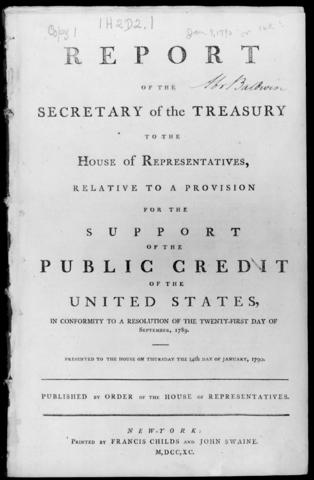 Schwarzer und weißer Bericht betitelt "Secretary of the Treasury to the House of Representatives" bezüglich der öffentlichen Kreditvorschriften, mit sichtbarem Text.