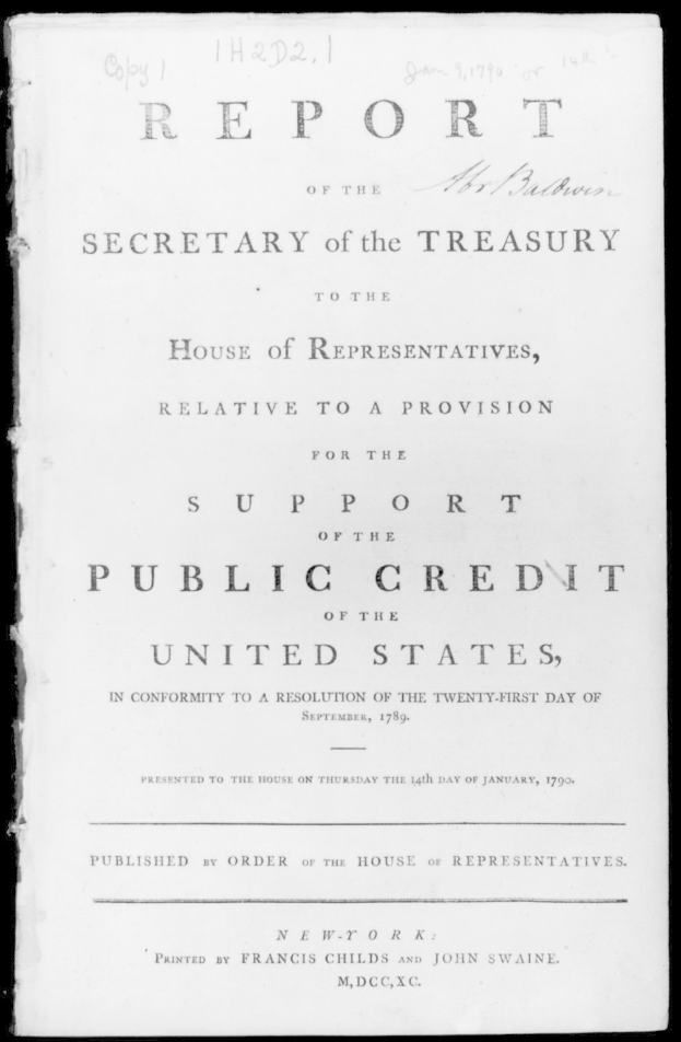 Schwarzer und weißer Bericht betitelt "Secretary of the Treasury to the House of Representatives" bezüglich der öffentlichen Kreditvorschriften, mit sichtbarem Text.