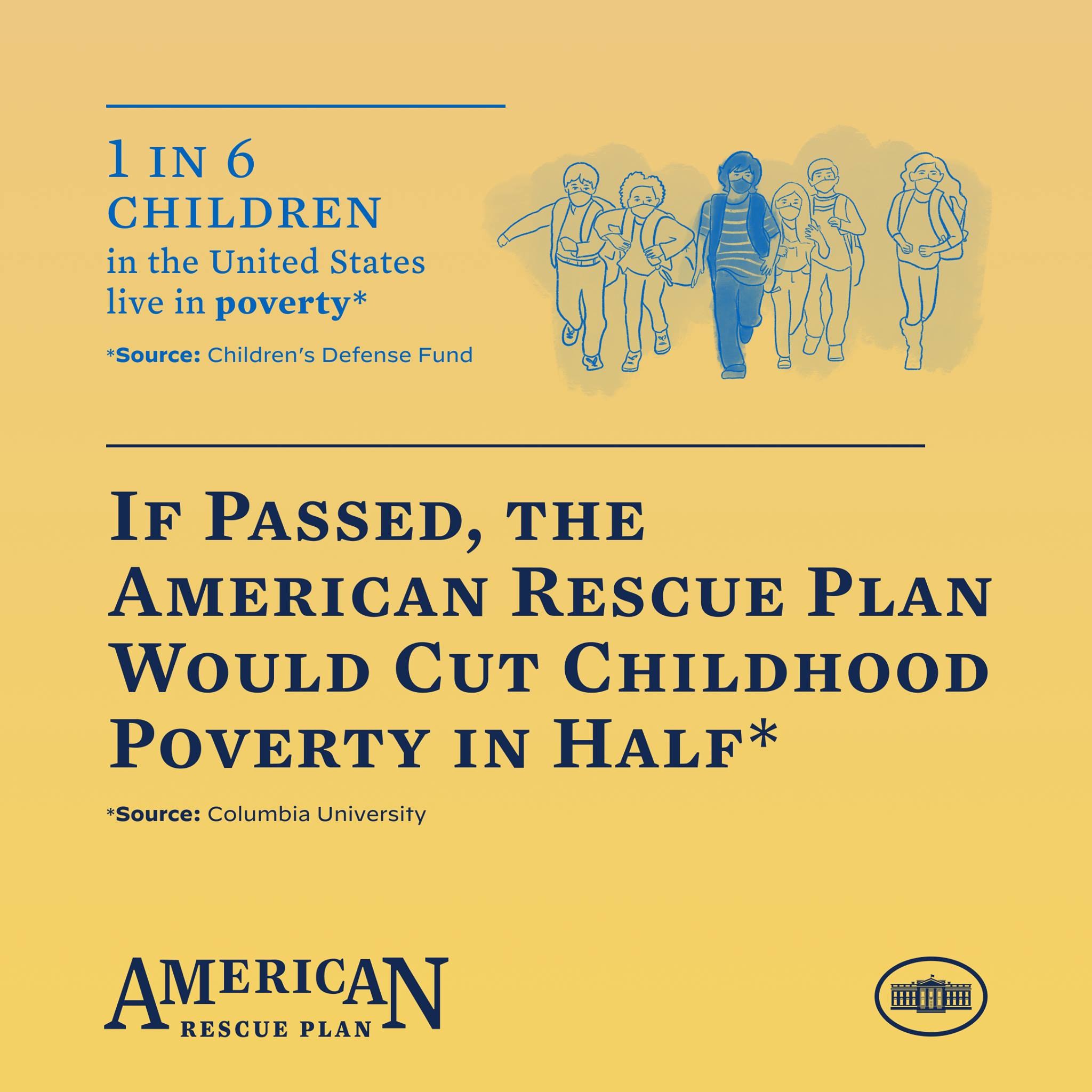 Plakat für den American Rescue Plan, das Text zeigt, der besagt, dass es die Kinderarmut in den USA halbieren würde, und ein Bild einer vielfältigen Gruppe von Menschen.