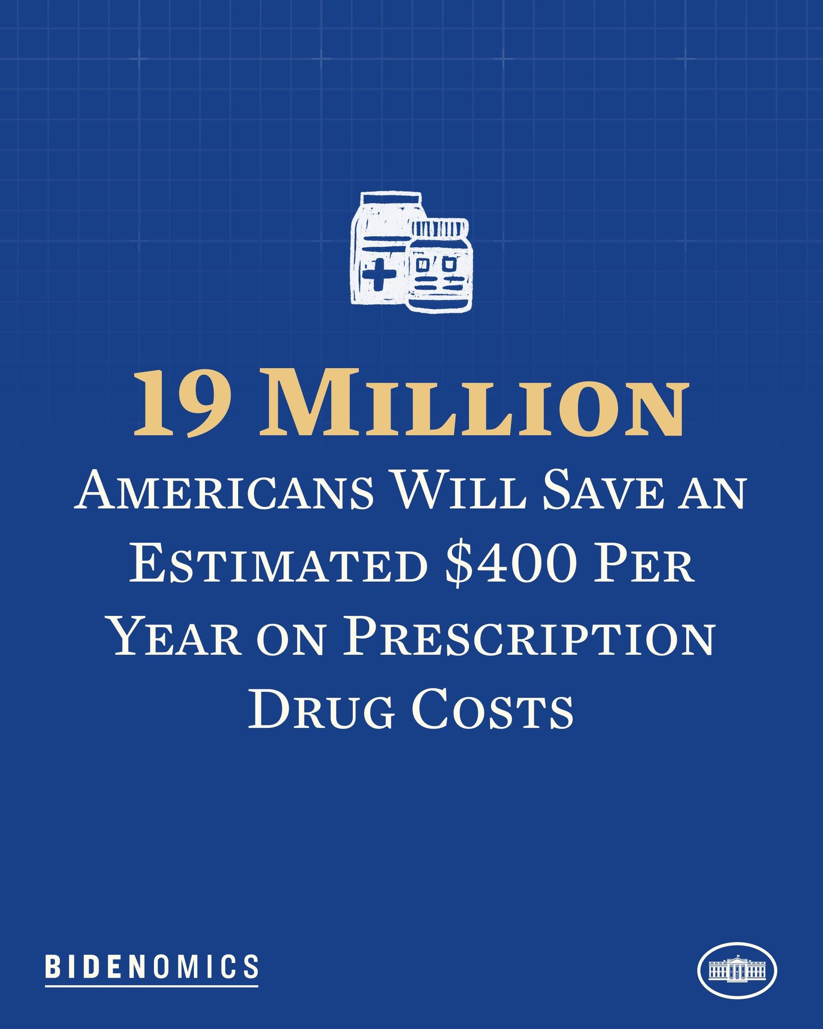 Blauer Hintergrund mit weißer Schrift und Logo, das besagt: "19 Millionen Amerikaner werden geschätzt jährlich 400 USD an Arzneikosten sparen."