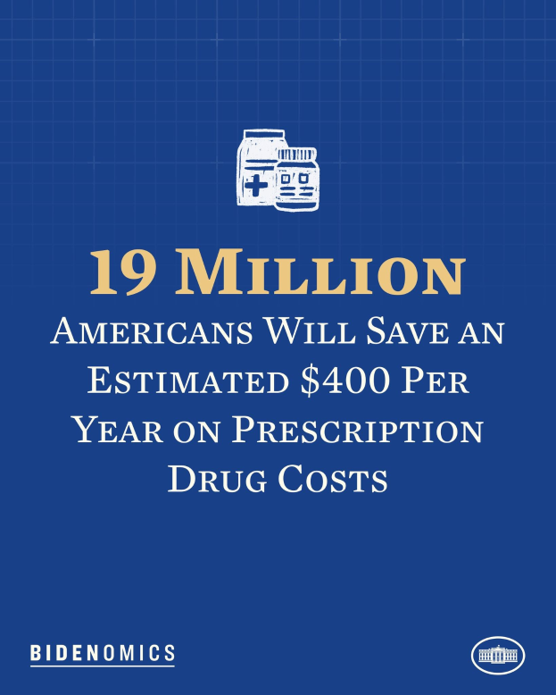 Blauer Hintergrund mit weißer Schrift und Logo, das besagt: "19 Millionen Amerikaner werden geschätzt jährlich 400 USD an Arzneikosten sparen."